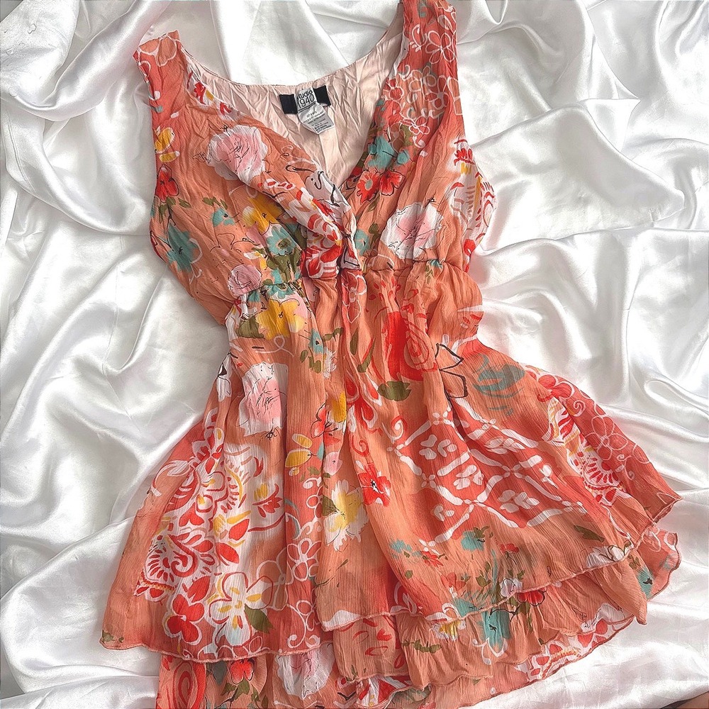 Studio 1940 Peach Floral Tiered Ruffle Sleeveless Top V-Neck WH12070-1091 Size M